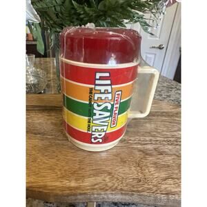 Vintage Life Savers Roll Candy Plastic Mug w\red Life Saver Lid